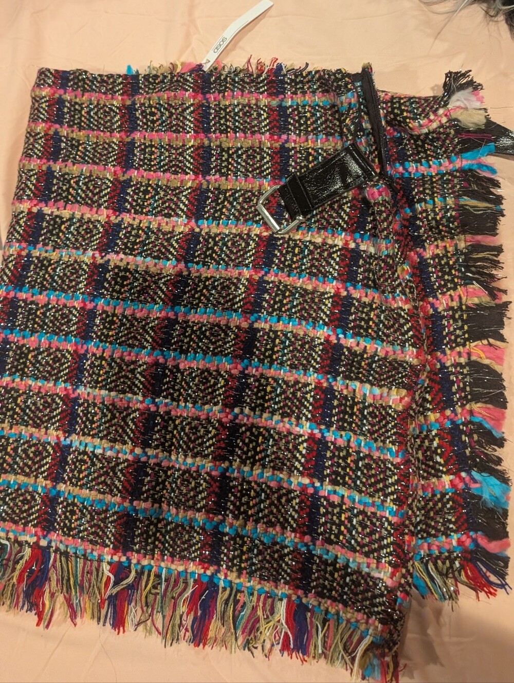 NWT ASOS Black Tweed Mini Skirt with Pink & Blue Accents